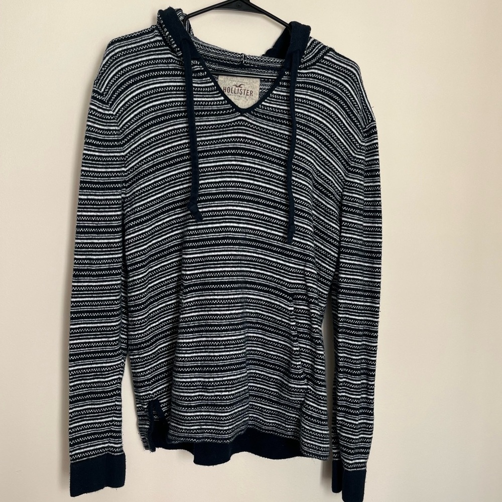 Hollister Navy and White Striped Hoodie